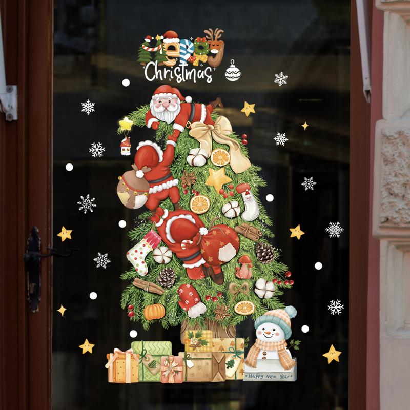 

Мультяшная рождественская наклейка на окно Санта-Клаус Рождественская елка двухсторонняя стеклянная наклейка Рождественское украшение для дома Новый год 2025