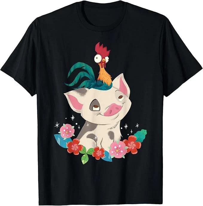 Moana Hei Hei Rooster Pua Flowers Sketch Portrait Black TShirt S