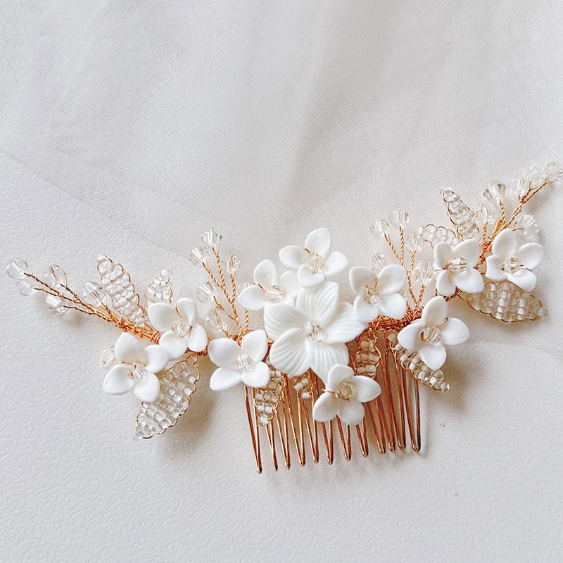 Stock Ceramic Flower Blossom Bridal Hair Comb Clay and Crystal Decorated Hair Accessories for Weddings
