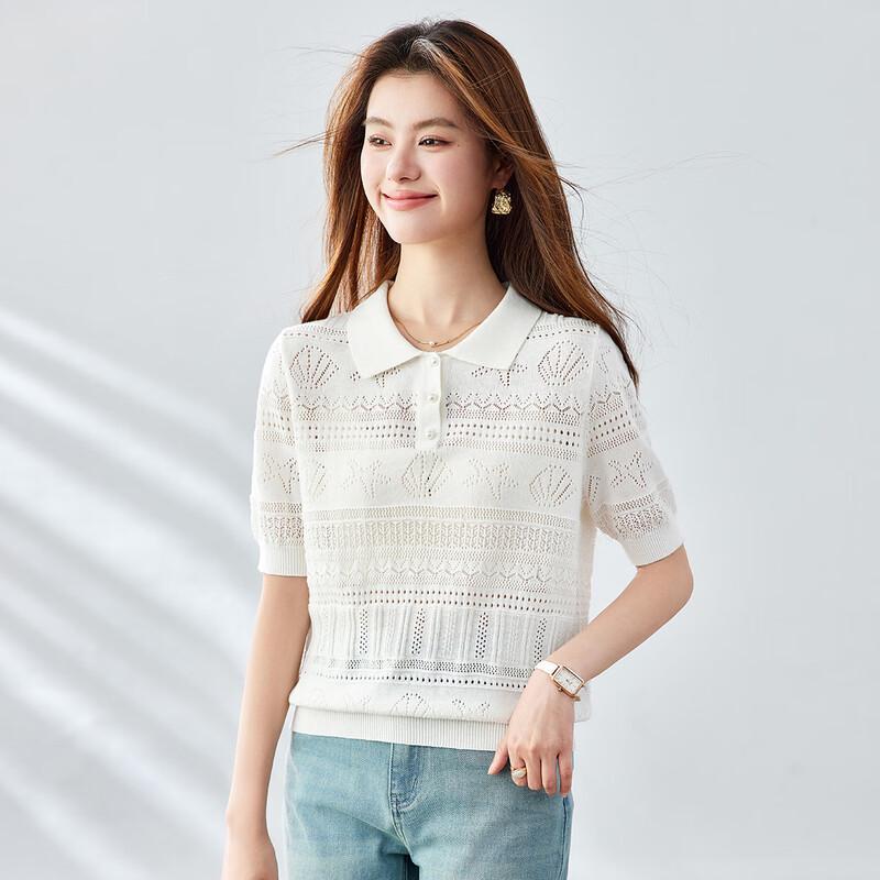 CARBAMMI Women's Short Pure Cotton Hollow Knit Polo T-Shirt