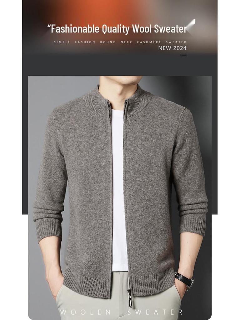 Męski gruby wełniany sweter rozpinany, kołnierz stojący, 520g, gruba gładka tkanina, casualowa ciepła odzież wierzchnia na zimę.