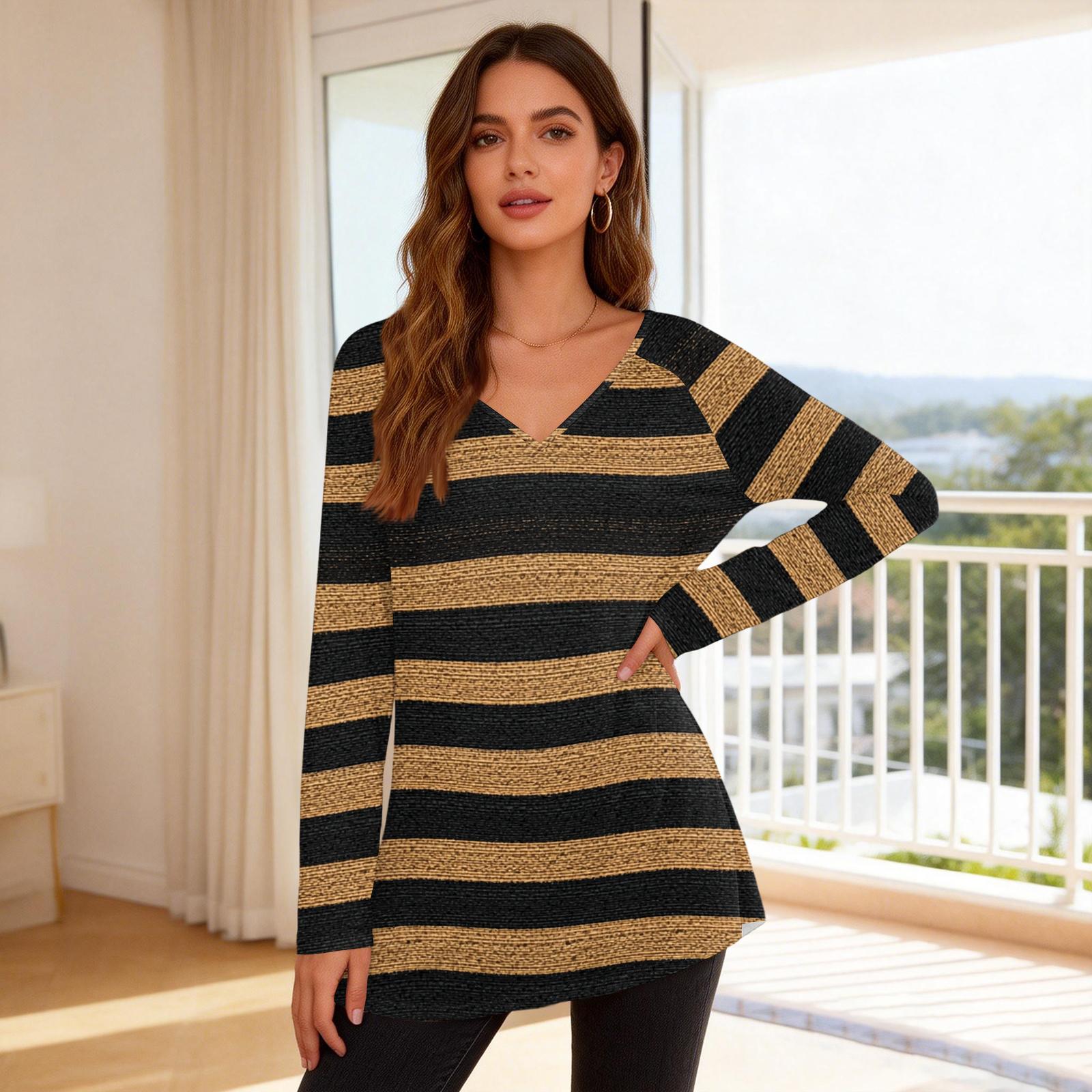 

Women s Fashionable Casual Long-Sleeved Striped Print V-Neck Mid-Length Top L коричневий