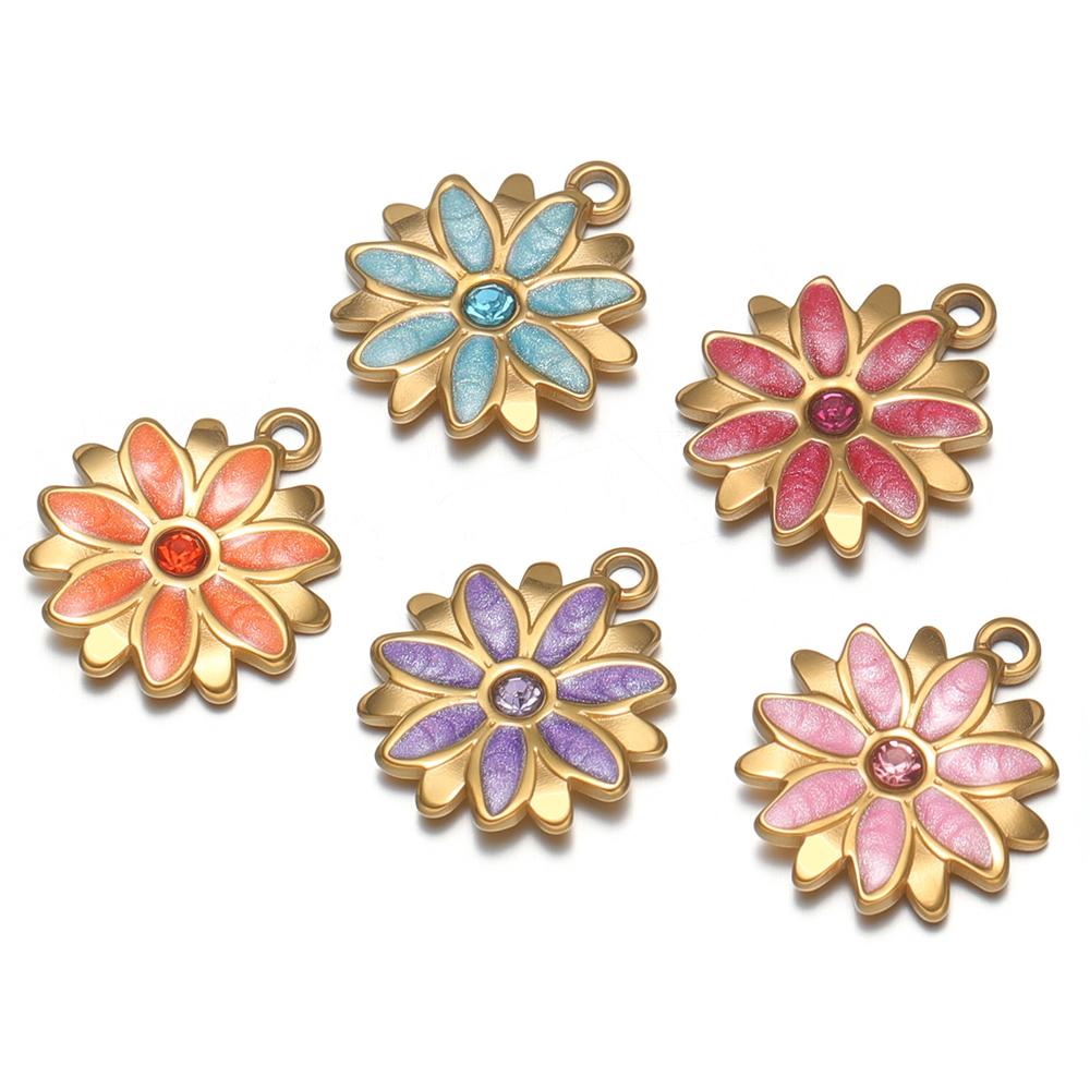 5Pcs Stainless Steel Zircon Sunflower Enamel Charms for DIY Jewelry Findings Girls Necklace Bracelets Pendants Earrings Making