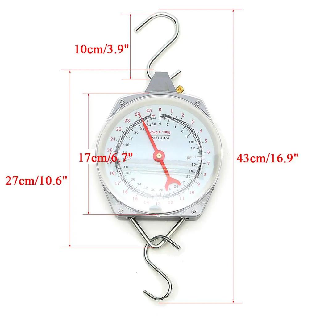 With Hanging Hook Alloy Quality Heavy Weighing Mechanial Fishing 25KG/55lbs Hanging Scale 100g Increments