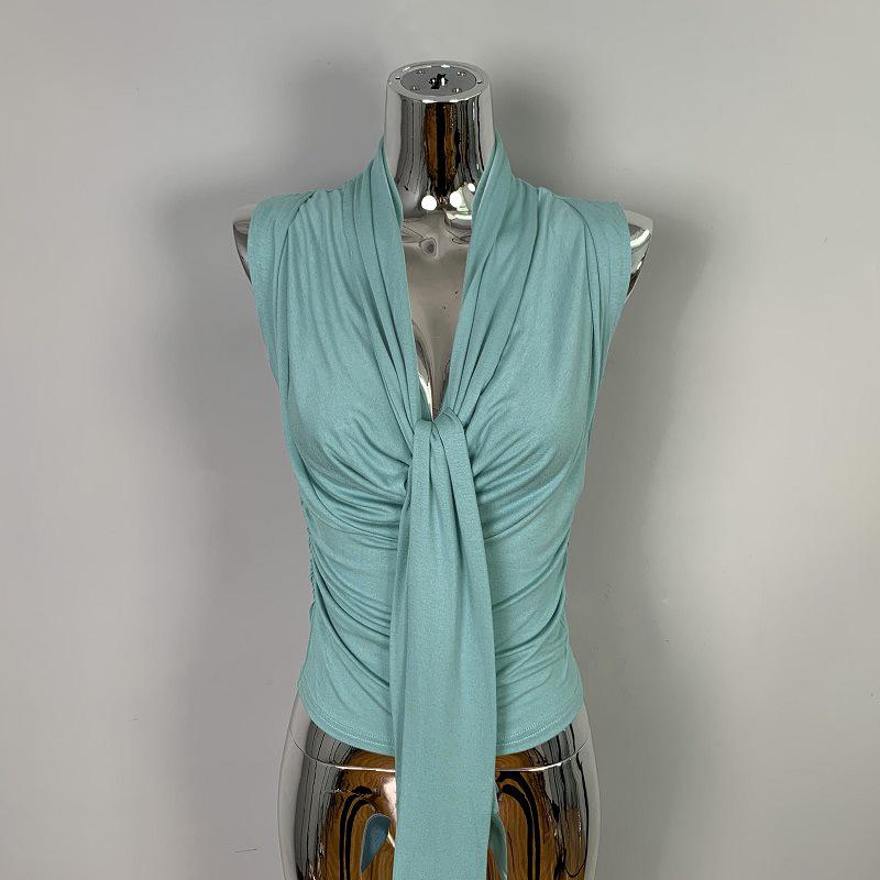 Korean Dongdaemun Pleated Sleeveless Slim-Fit Sash Top for Women