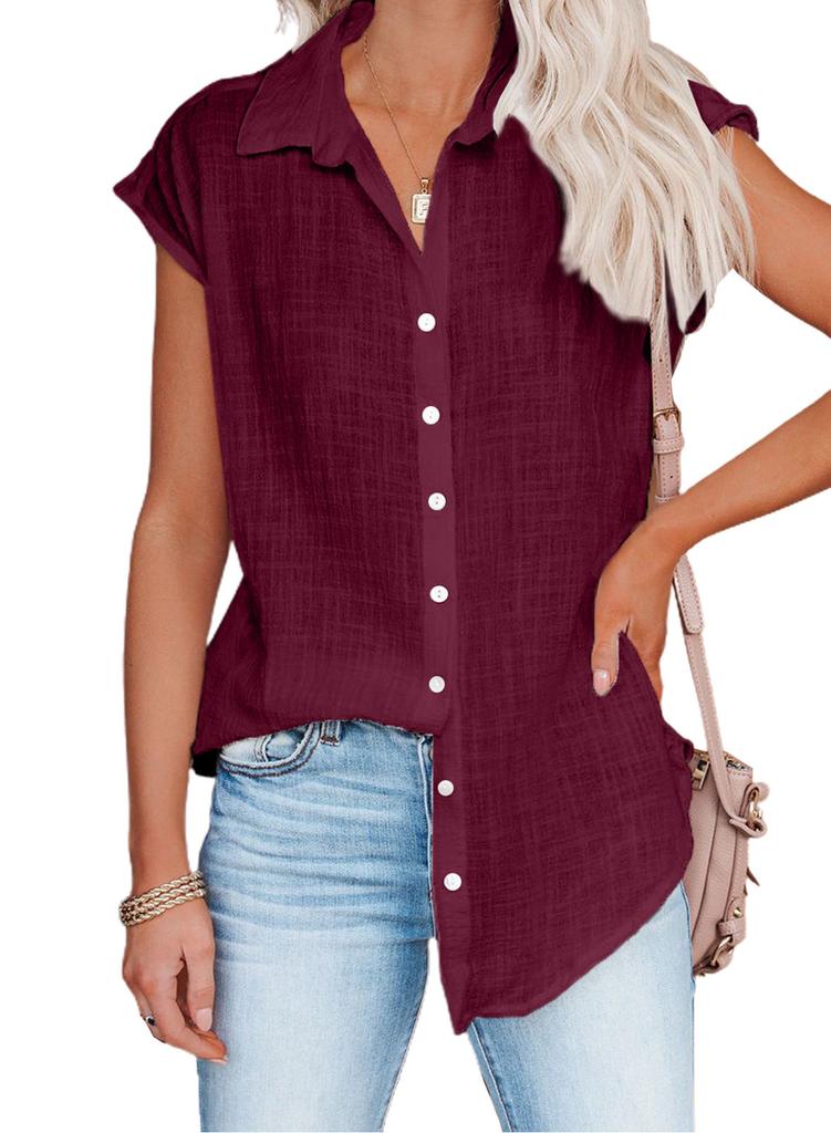 Damen Unifarbene Ärmellose Baumwollbluse mit Umlegekragen und Knöpfen Locker Lässig Sommer Top