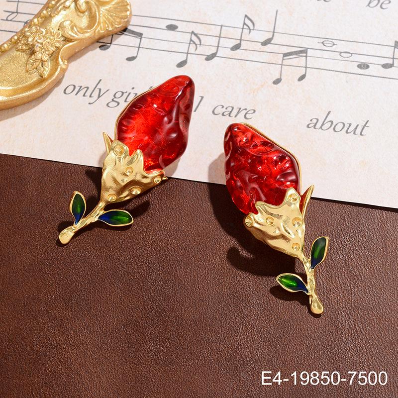 High-End Retro Rote Blume Quastenohrringe: Luxuriöser Silver Needle Hänge-Schmuck für Damen