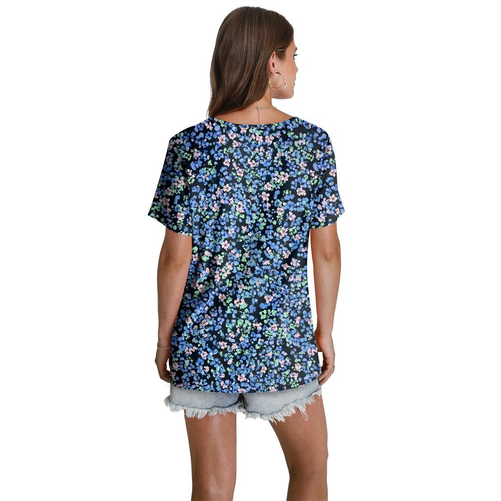 Women's Casual V-Neck Short Sleeve Chest Ruffle Printed Top