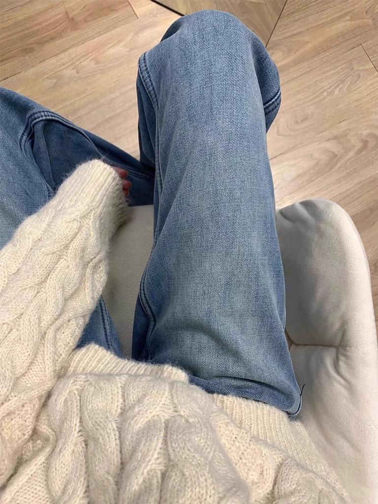 Plus Size High-Waisted Fleece-Lined Wide-Leg Jeans for Women - Autumn/Winter Straight Floor-Length Pants