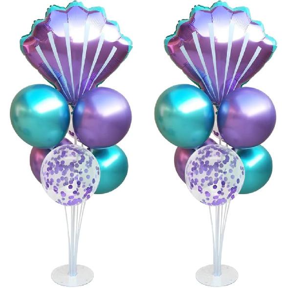 Mermaid Table Centerpiece Balloons Stand Kit 2 Sets with 2 Sea Shells Foil Balloons 14 Purple Blue Latex Balloons for Birthday Beach Mermaid Theme
