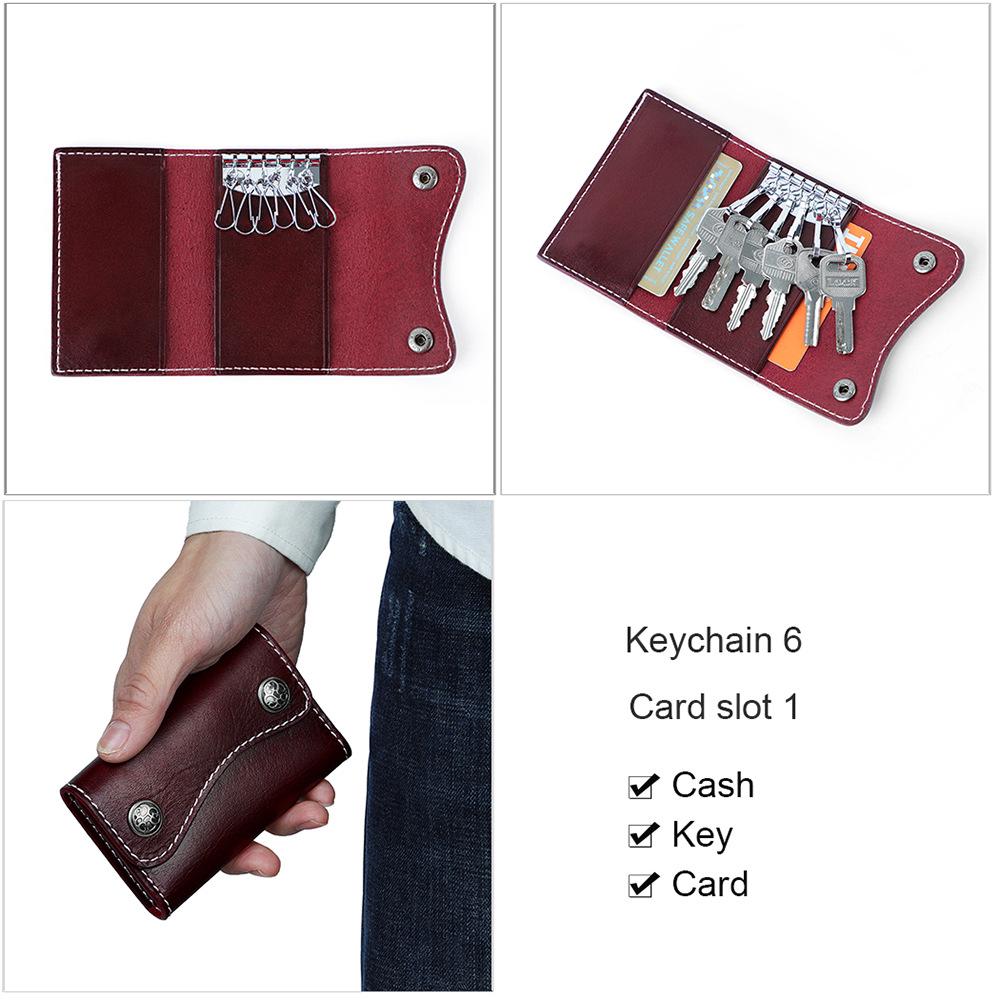 Genuine Leather Key Case & Card Holder with Snap Button - Large Capacity, Multi-Functional Vegetable Tanned Cowhide Storage Bag