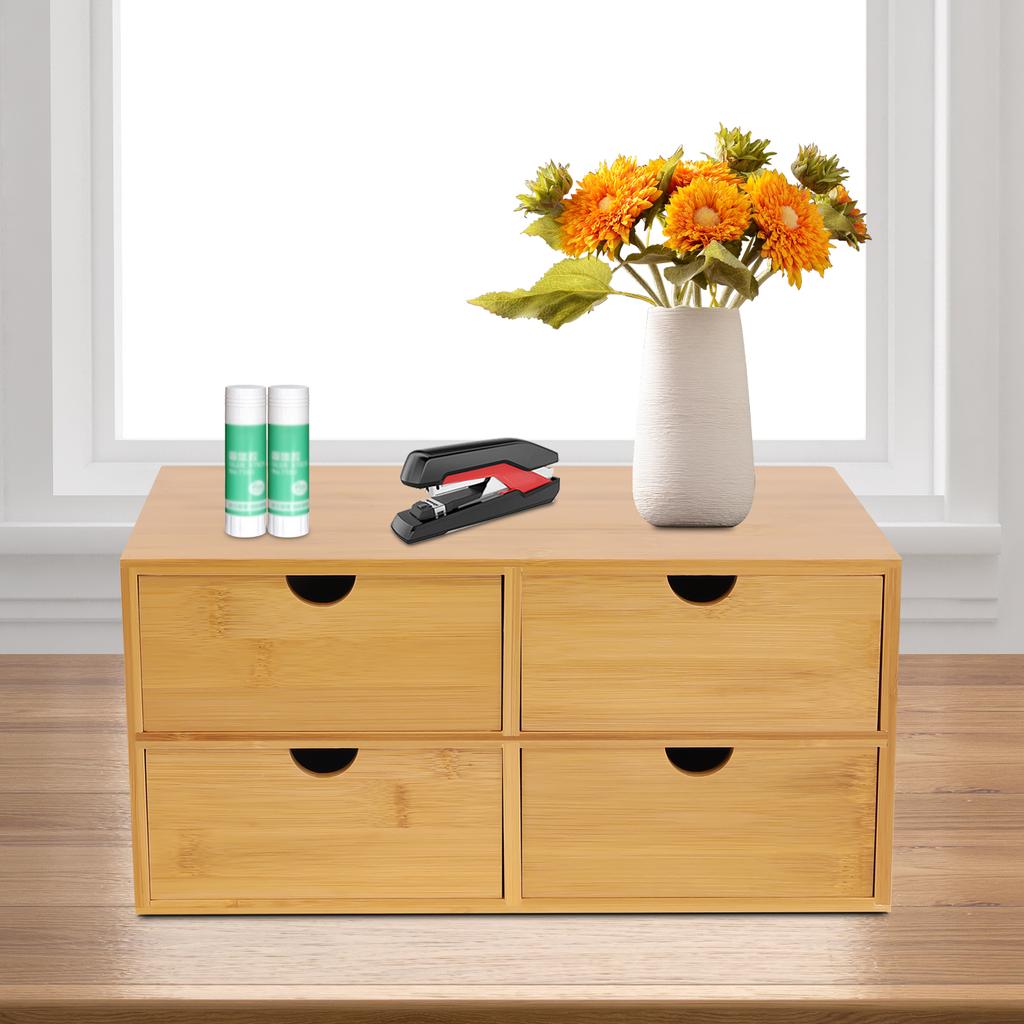 4 Drawers Mini Bamboo Desk Drawer Tabletop Storage Organization Box for Office Home Toiletries Supplies