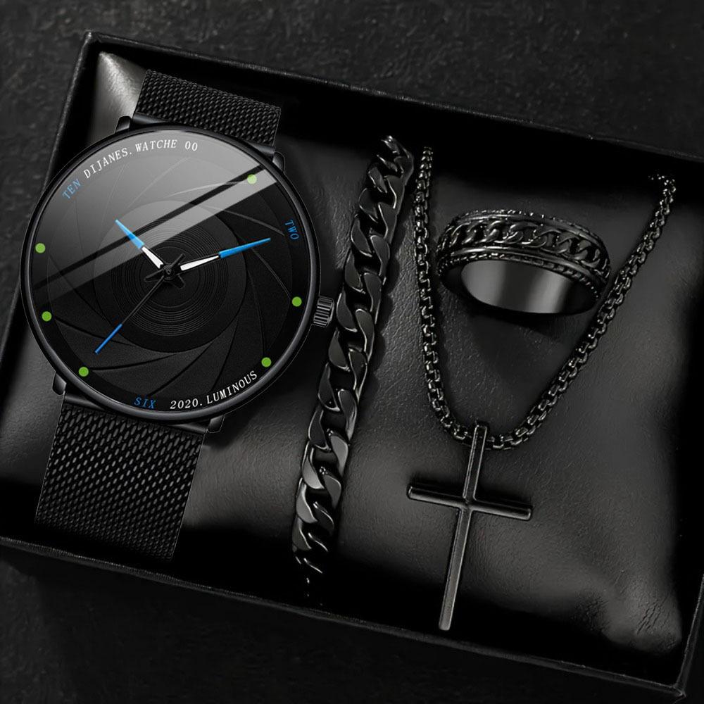 4-Piece Suit Men S Watch Casual Men S Watch watch + bracelet + ring + necklace