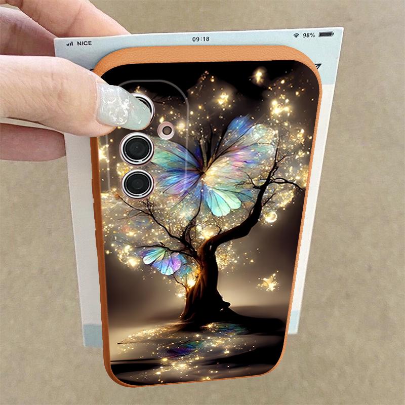 Shining Fantasy Tree Butterfly Pattern Case For Samsung Galaxy S26 Ultra S25 Edge S24 S23 S22 Plus S21 FE Leather Texture Silicone Cover