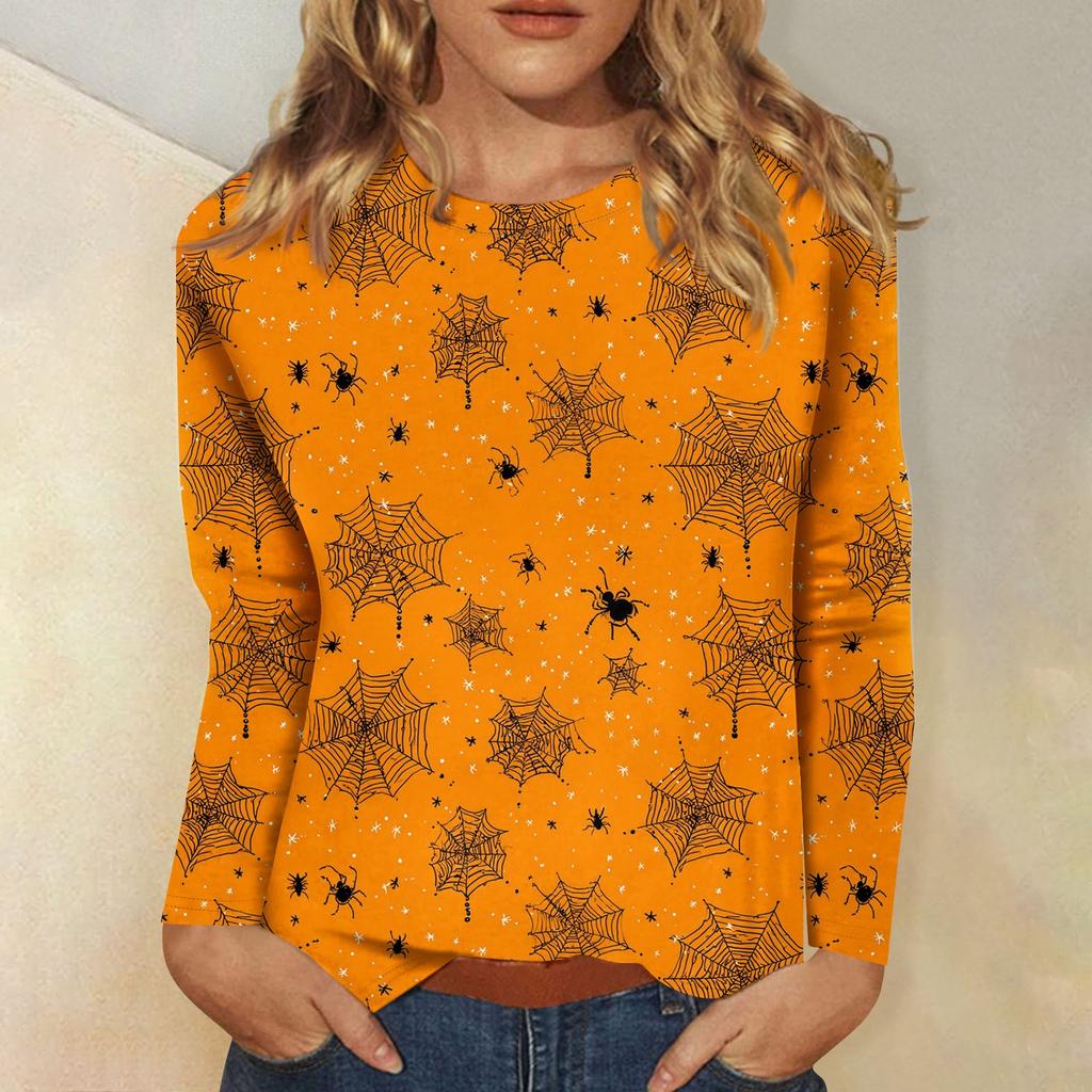 Women's long-sleeved loose-necked Halloween print casual top , suitable for holiday parties