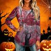 Women Casual Long Sleeve T Shirt Round Neck Pleated Halloween Print Top Lightweight Comfortable Fit Suitable for Everyday Wear