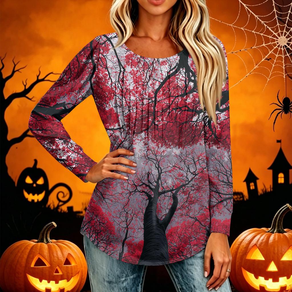 Women Casual Long Sleeve T Shirt Round Neck Pleated Halloween Print Top Lightweight Comfortable Fit Suitable for Everyday Wear