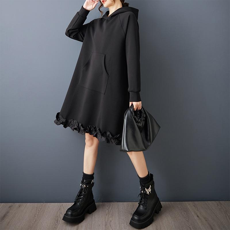Long sleeve plus size Black cotton vintage hooded new in dresses for women casual loose midi spring autumn sweatershirt dress