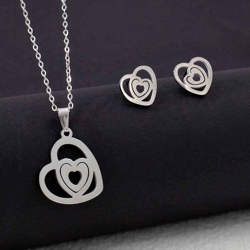Women's Luxury Titanium Steel Necklace & Earring Set: EKG Coconut Tree & Heart Design, Non-Fading Jewelry