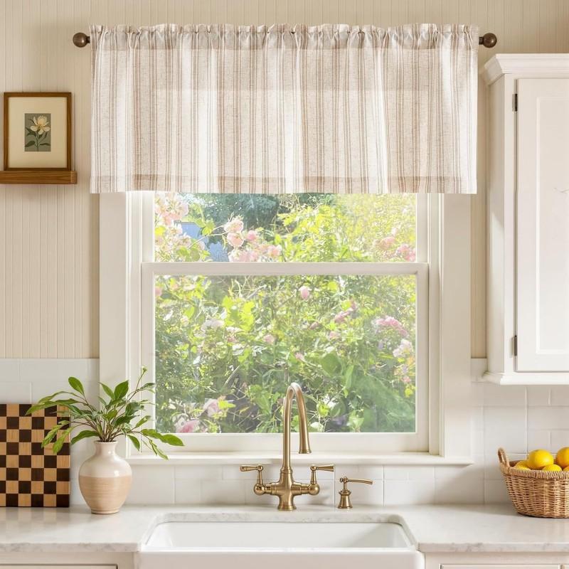 Linen Blend Flat Panel Striped Curtain Kitchen Dining Living Room Short Window Treatment Rod Pocket