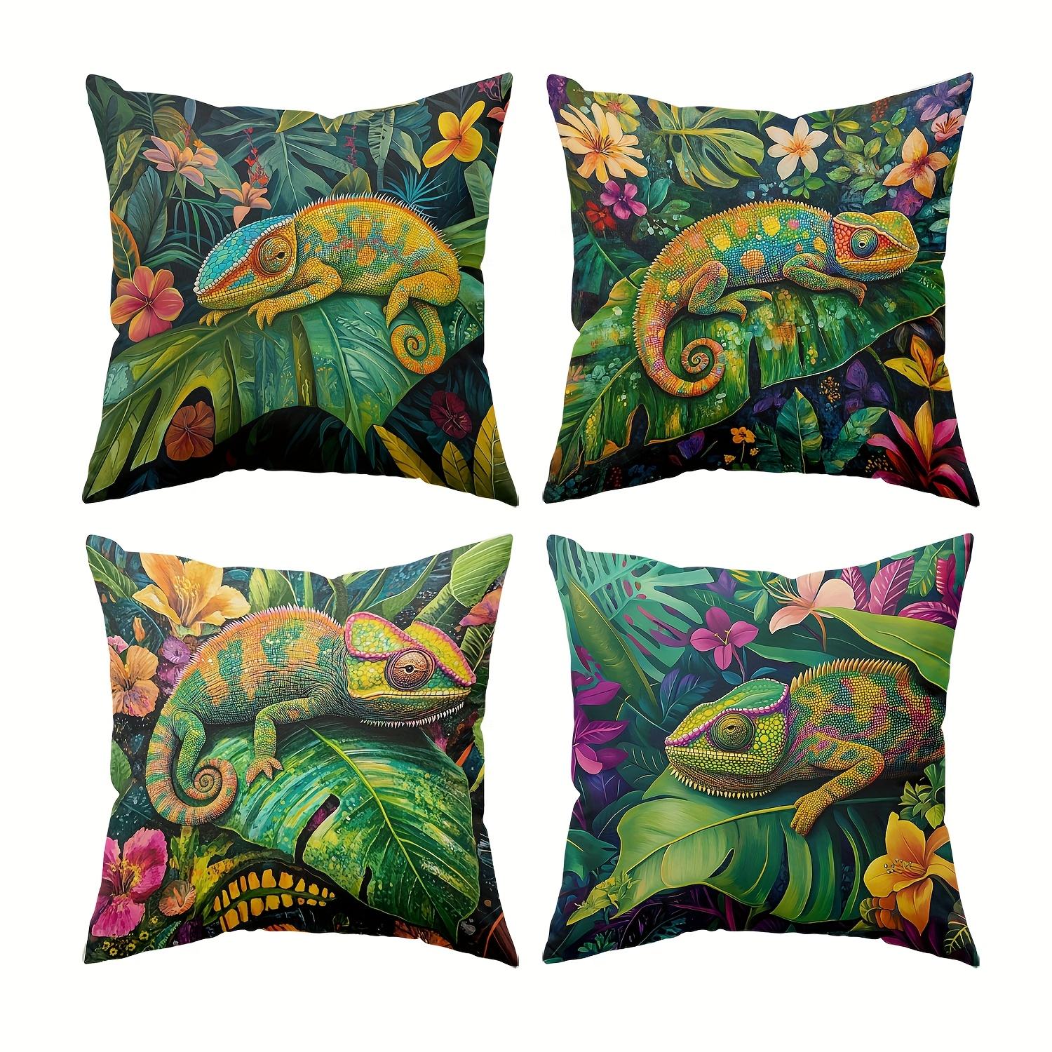

4 Pack Jungle Theme Cushion Covers 45x45cm Artistic Chameleon & Tropical Flower Print on Deep Green Fabric for Sofa Decor 35x35cm 4pcs