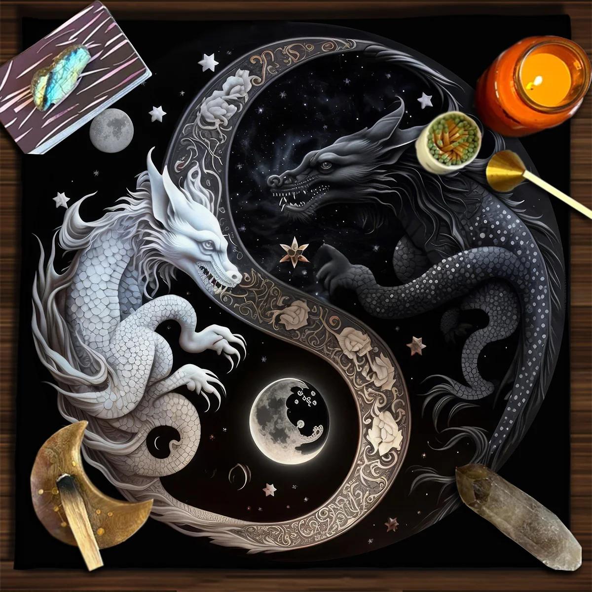 Chinese Dragon Tarot Card Tablecloth Tapestry Black Moon Starry Sky Dragons Tarot Tablecloth Wicca Altar Cloths Home Decor 75x75cm