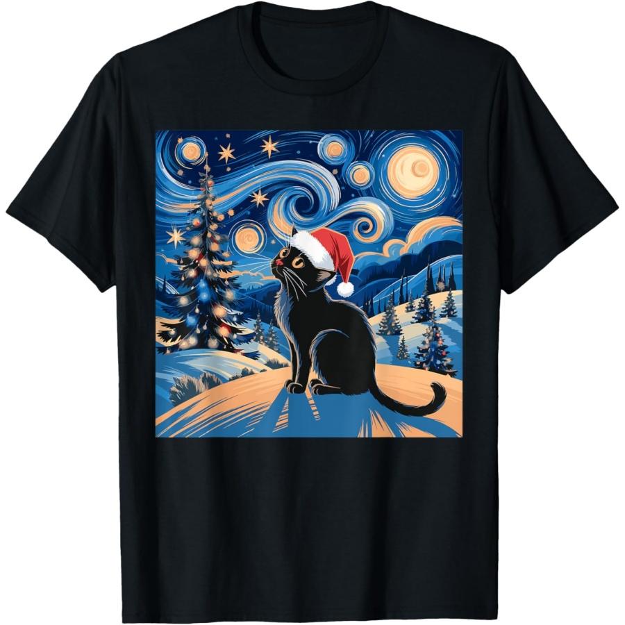 

Van Gogh Starry Night Festive Christmas Black Cat Santa Hat Men Women T-Shirt(1) XXXXXL чорний