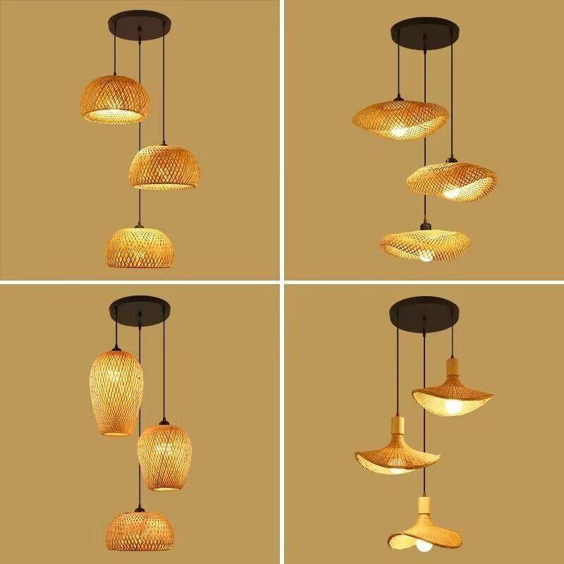Bedroom Living Room Lantern Chandelier Stairs Retro Rattan Three-Head Hanging Light Bamboo Weaving Combination Creative Lamp