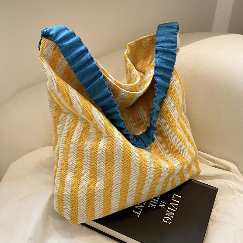 Large Capacity Striped Tote Bag Stylish Yellow & Blue Vertical Stripes, Spacious Shoulder Bag with Ruffled Detail, Perfect for Casual Shopping Bag
