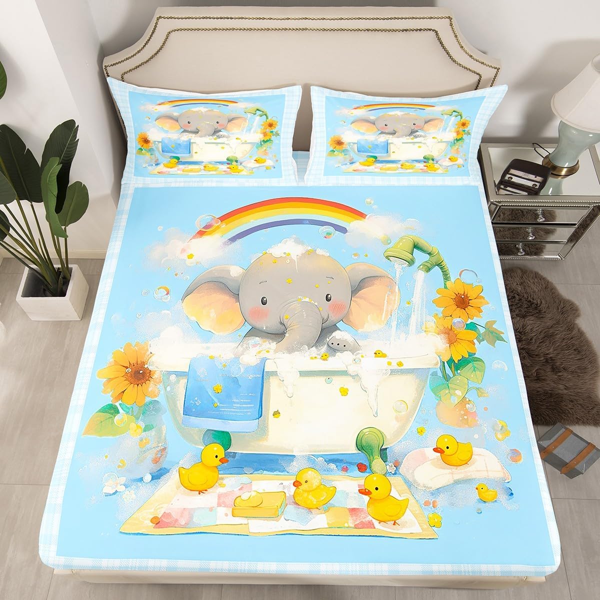 

Elephant Fitted Sheet Single Size, Bedding Set 2pcs for Kids Girls Adult Room Decor, Cartoon Bed Cover with 1 Pillowcase 90x200cm