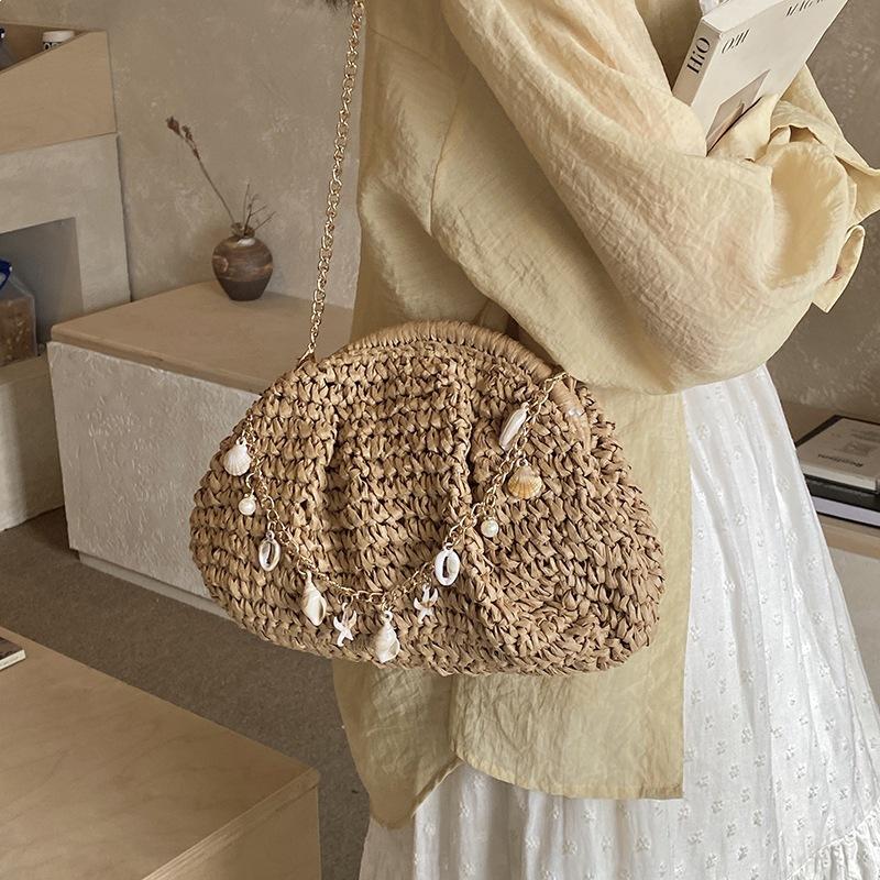 French Style Niche Woven Shell Bag, Women's New Trendy Fashion Chain, Single Shoulder Crossbody Bag, Beach Grass Woven Bag