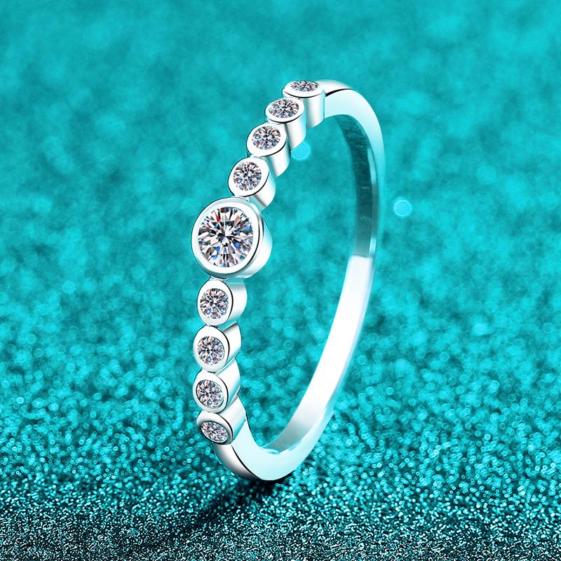 925 Sterling Silver Rhodium Plated GRA Certified Moissanite Bezel Set Row Ring Cut Center Stone Graduated Side Stones Minimalist