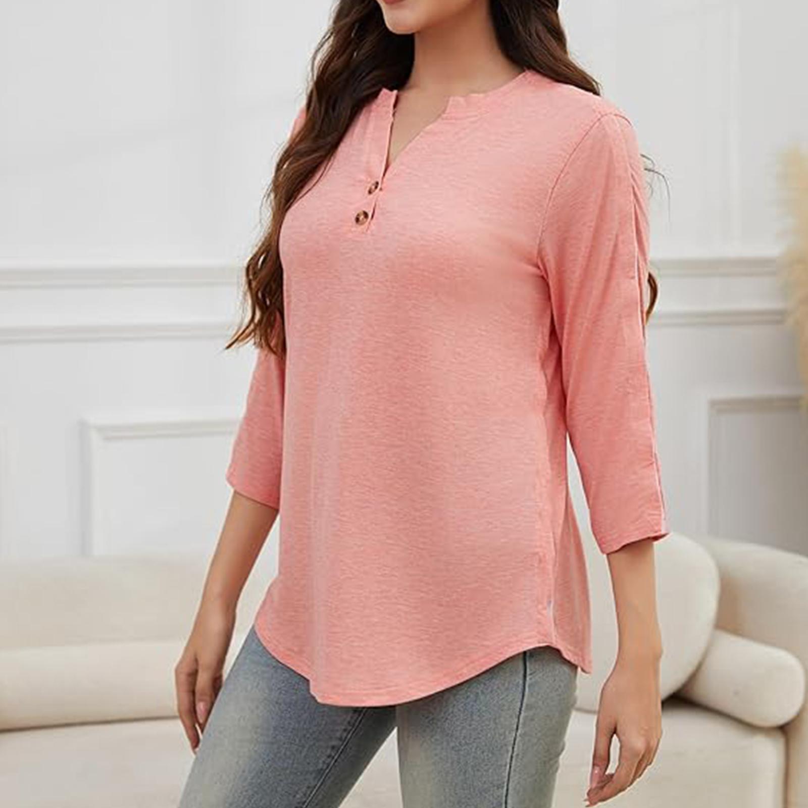 

Women s Cotton Linen Blouses Casual 3/4 Length Sleeve V Neck Pleated Work Shirts Loose Lightweight Tunic Top S рожевий