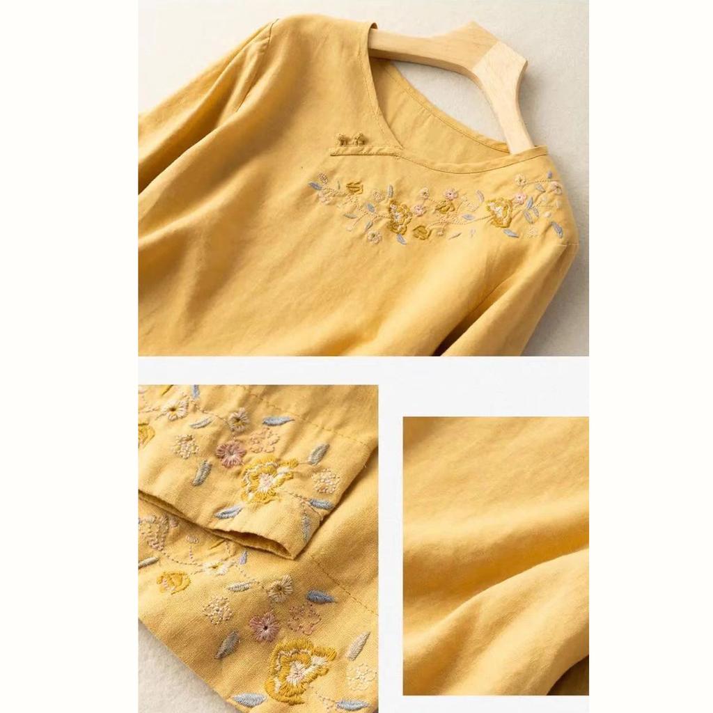 Damen Baumwolle Leinen Farbe 3/4 Ärmel Hemd Rundhals Locker Bluse Pullover Top