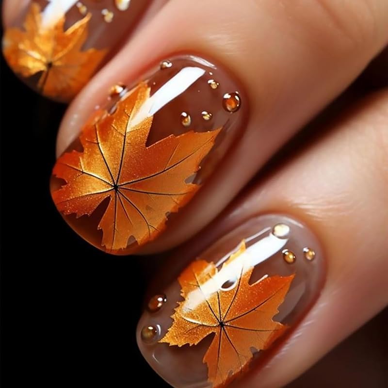 Short Square Press on Nails Fake Nails with Chrome Maple Leaf Designs Thanksgiving False Nails Glossy Fall Maple Acrylic Nails Gel Glue on Nail Full Maple-12