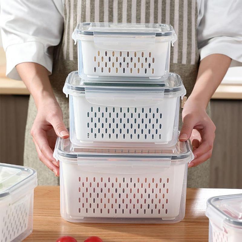 Fridge Storage Box Refrigerator Fresh Vegetable Fruit Boxes Drain Basket Storage Containers with Lid Kitchen Tools Organizer