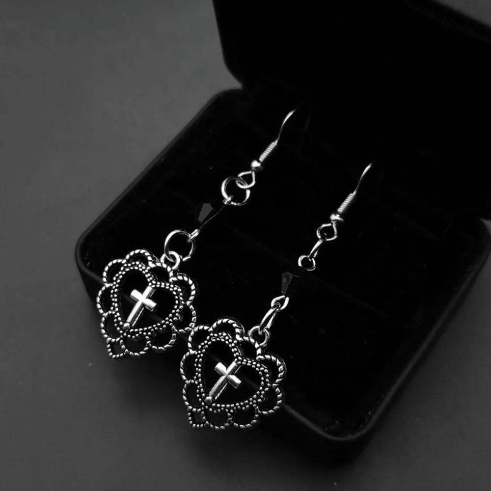 Gothic Punk Sliver Color Hollow Heart-shaped Lacework Cross Pendant Earrings for Women Hallowmas Party Jewelry Accessories Gifts