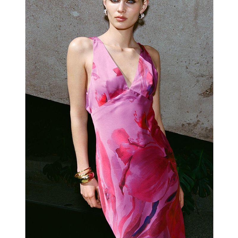 Spring and Summer Women's Clothing Wide Shoulder Strap Twist Design Printed V-neck Silk Satin Texture Midi Skirt Dress 3226275