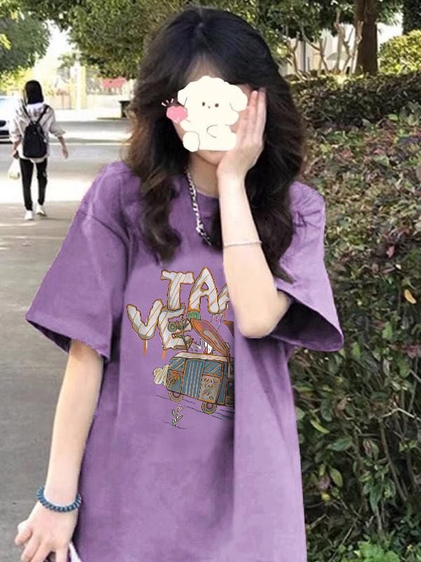 Unique Lazy Sle ort Sve Oversized Cotton T-irt Women's plus Size Loose Fit Purple Color Belly Covering Slimming Top