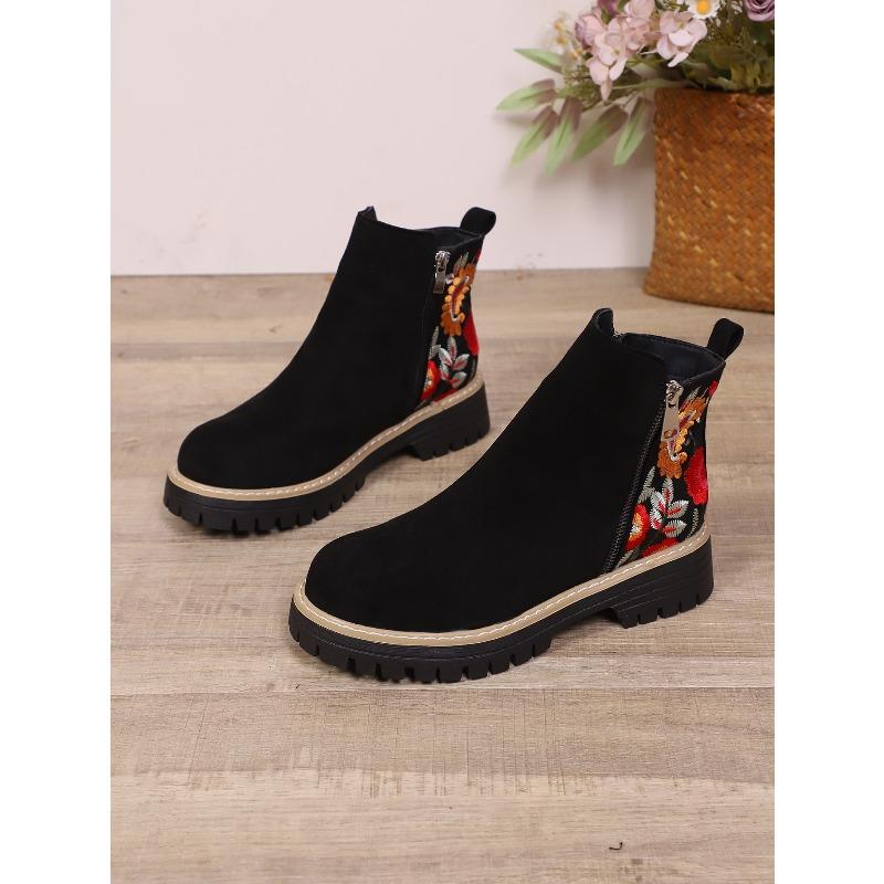 Winter 2025 Suede Print Booties Women's Plus Size Side Zipper Vintage Round Toe Muffin Martin Boots