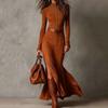 Abito Camicia Cowboy Western da Donna con Design Avvolgente Plissettato, Abito Maxi Fluido con Spacco Alto e Orlo Arricciato, Abito a Maniche Lunghe