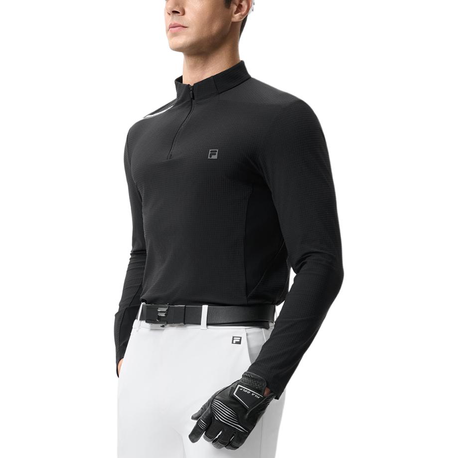 Fila Comfortable Stand Collar Half Zip Knit Long Sleeve T-Shirt Men Tops Deep-Black A11M515210FBK