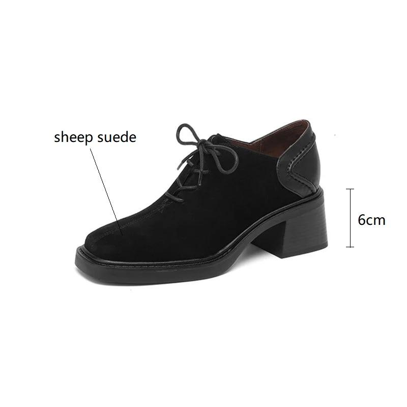 Fashion New Spring Autumn Sheep Suede Lace Women Loafers Square Toe Chunky Heel Shoes Comfort Women Pumps Shoes for Women High Heels