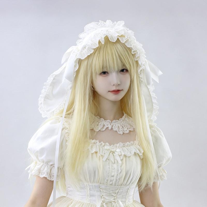 Rabbit Ears Headband Gothic Lace Hair Accessory with Satined Bowknot and Tie Back for Halloween Party and Anime Event Photo Styling