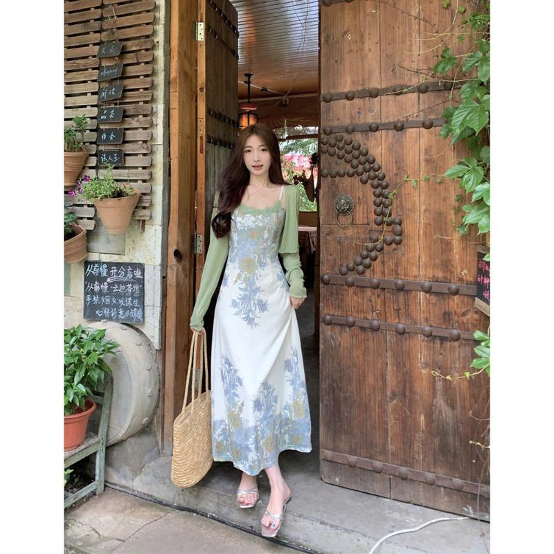Vestido estilo Pure Desire com costura de renda estampado estilo sling vestido feminino verão novo estilo francês elegante elegante elegante slim look vestido longo moderno