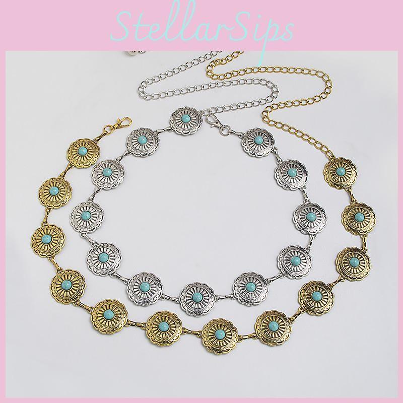 Turquoise Western Style Silver Metal Waist Chain With Carved Details For Women