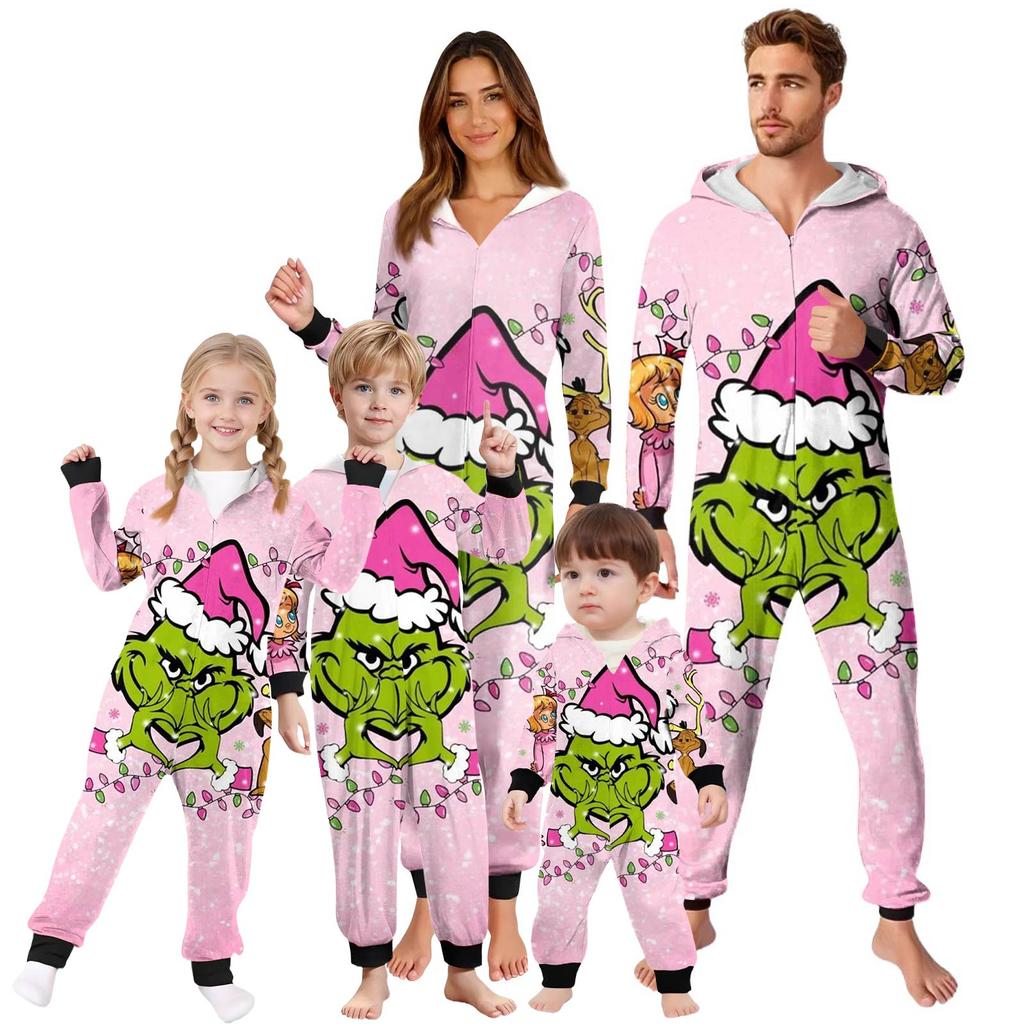 Parent-Christmas Printed Parent-Child Hooded Zip One-piece Homewear