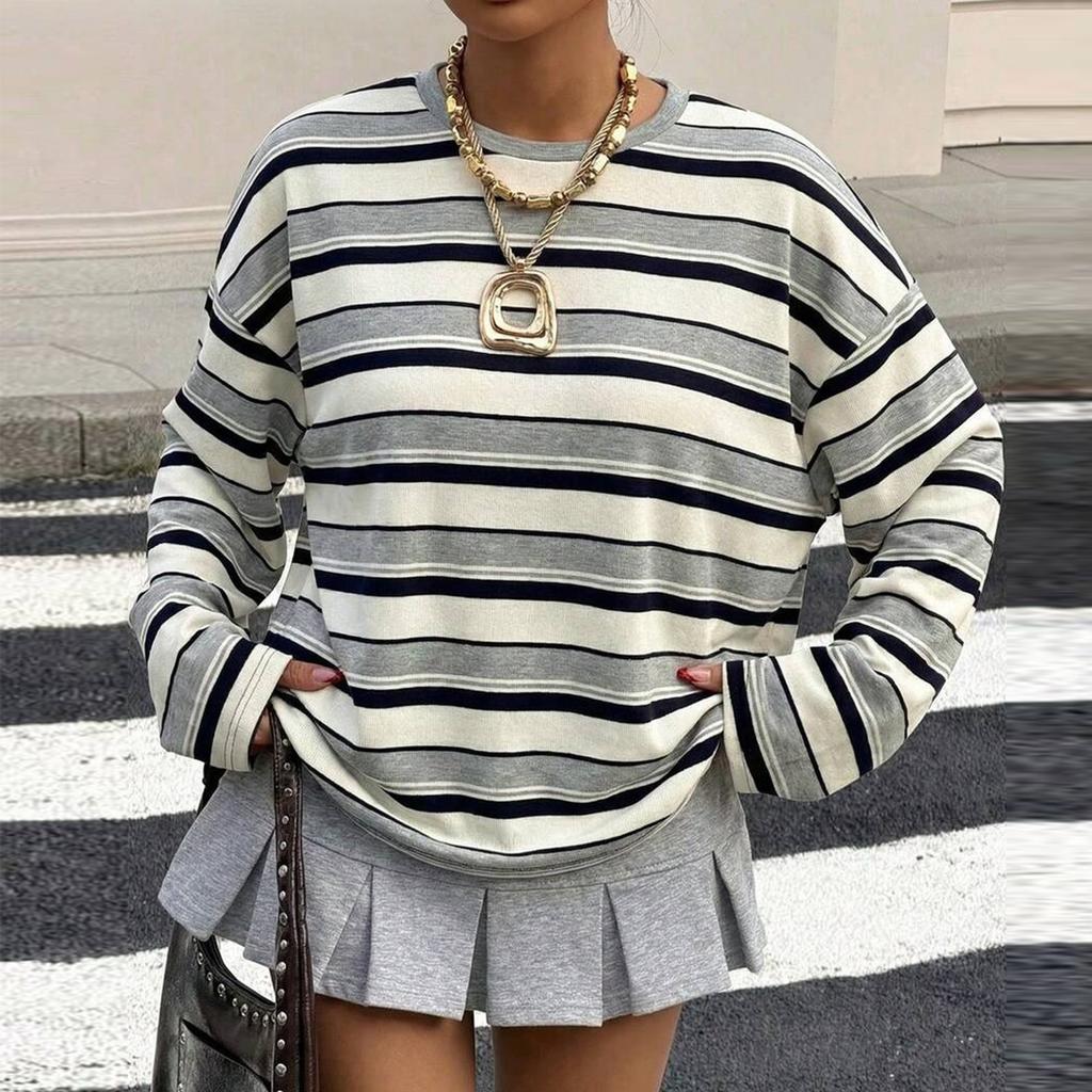 Women's Crew Neck Pullover Loose Fit Long Sleeve Top Striped Pattern Casual Lightweight Sweatshirt for Everyday Wear