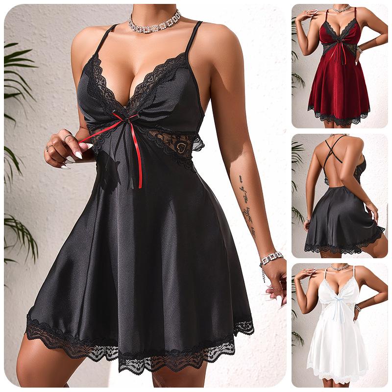 Premium Vacation Style Lace Cami Nightgown Chest Bow Skin-Friendly Elegant Sleepwear 897 Lightweight Stylish Loungewear Perfect for Honeymoon Getaways