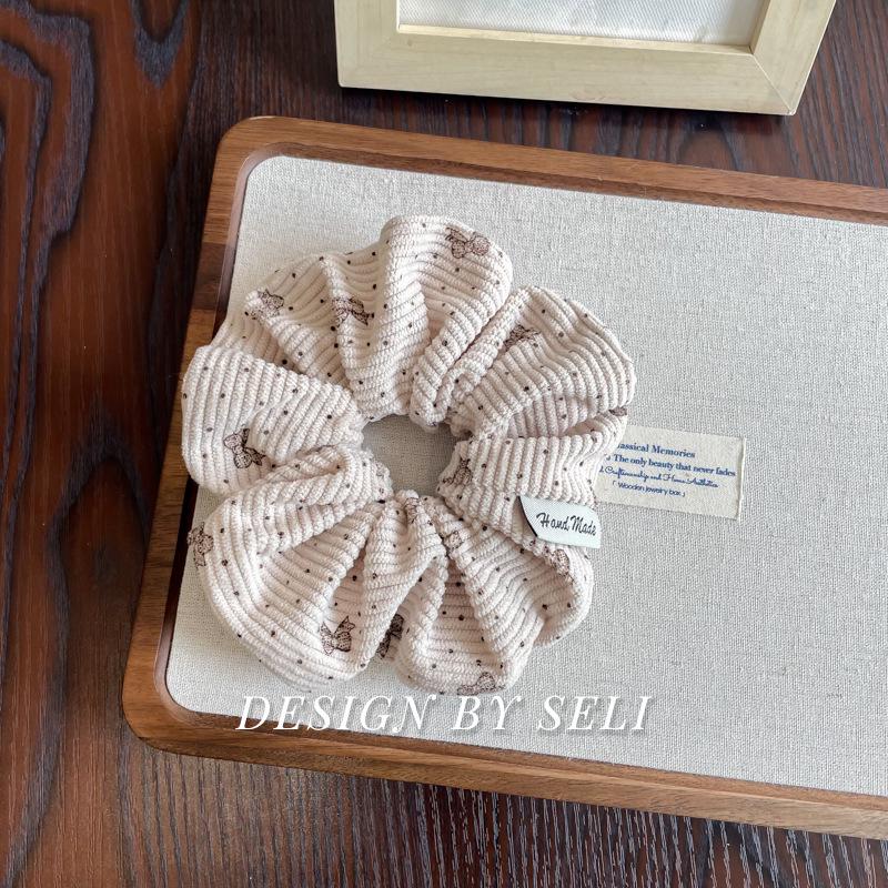 Korean Style Beige Bear Bow Corduroy Stripe & Polka Dot Cream Scrunchie Hair Accessory